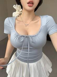 DAZY Short Tie-Front Cropped Design Women's T-Shirt Cute Tops - Blue - View 1