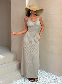 RueChic Boho Knit Spaghetti Strap Maxi Dress - Summer Beachwear Cover-Up - Camel - View 5