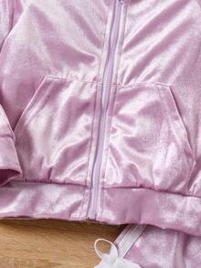 Set de 2 piezas de chaqueta y atuendo informal, cálido y lindo con decoración de moño, estilo universitario para niñas, apto para primavera y otoño - Púrpura malva - Ver 3