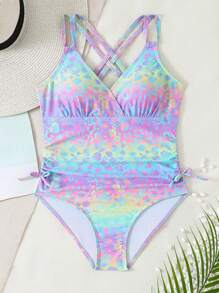 Tween Girl Leopard Print Cross Back One Piece Swimsuit - Multicolor - View 2