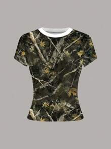 Chiquease 3pcs/Pack Women's Round Neck Short Sleeve T-Shirts, Black, Blue, Camouflage - Multicolor - View 3
