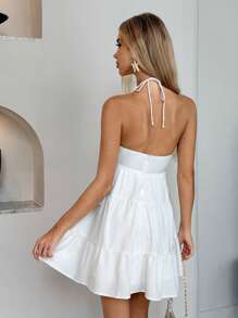 Flirla Women's White Sexy Hollow Criss-Cross Spaghetti Strap Wooden Bead Decor Simple Vintage Elegant A-Line Slip Dress, Backless Design. Perfect For Spring/Summer, Formal, Cocktail Events, And Weddings.