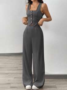 Girlism 两件套少女休闲日常通勤优雅灰色开衫西装外套搭配宽松阔腿裤套装，休闲日常两件套，女童套装，亲子装，校服，适合情人节、约会、聚会等场合。 - 灰色 - 查看 3