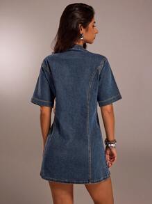 Forever 21 春季新款 V 领深色洗水 H 型高街女式牛仔连衣裙 - 深色水洗藍 - 查看 2