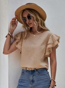 SHEIN LUNE 素色蝴蝶袖襯衫 - 杏色 - 查看 4