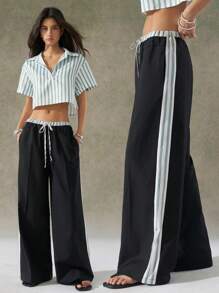 LYSMO Casual Commuter Super Oversized Wide-Leg Pants With Side Stripes And Waistband Details - Black - View 1
