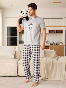 2pcs Men Panda Print Short Sleeve Top And Plaid Long Pants Pajama Set - Light Grey - View 4