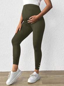 SHEIN Maternity Solid Color Adjustable Waist Button Casual Leggings - Olive Green - View 4