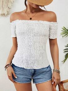 SHEIN VCAY Camiseta de manga corta texturizada, de hombros descubiertos, ajustada y acanalada para vacaciones casuales