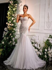 Glamrae Elegante, lujoso y romántico vestido de cola de sirena con parches de tul, detalles florales en 3D, aplicaciones de lentejuelas y encaje sin tirantes, adecuado para ceremonia de boda, vestido de novia