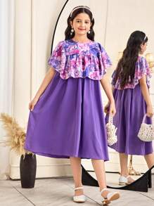 SHEIN Vestido de niña preadolescente con estampado floral elegante, cuello de volantes en color contrastante y parches - Morado - Ver 1