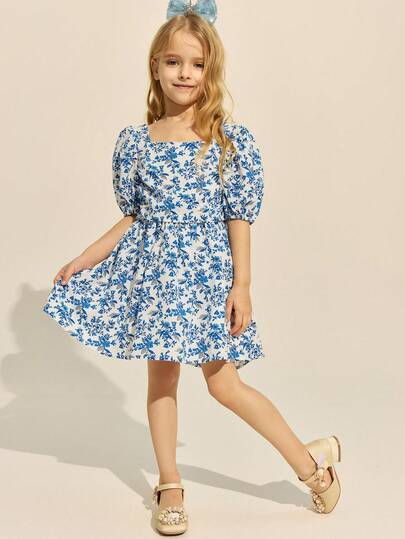 SHEIN Young Girls & Elegant Floral Print Ruched Collar Chiffon Dress, Spring/Summer