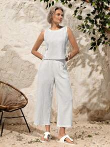 EMERY ROSE 2pcs/Set Women Casual Solid Side-Tied Sleeveless Top And Pants Set - White - View 3