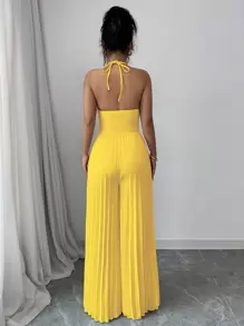 SHEIN Privé Elegante abrikooskleurige halter met strik aan de voorkant, uitgeholde metalen strass-strik, geplooide wijde damesjumpbroek