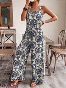 EMERY ROSE 2pcs/Set Women Vacation Outfit, Camisole Top + Print Pants