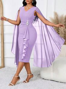 SHEIN Lady Vestido de noche formal elegante con capa estructurada y transparente de color azul para mujeres, vestido azul para otoño y todas las estaciones, vestido azul real y azul sexy para mujeres
