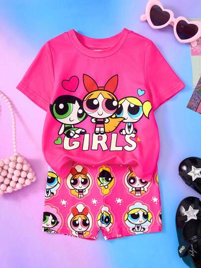 THE POWERPUFF GIRLS X SHEIN 2pcs/Set Baby Girl Cute & Sweet Blossom, Bubbles, Buttercup Pattern Top & Leggings Set, Suitable For Spring/Summer
