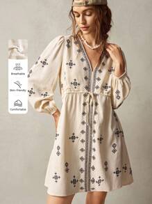 Bohemela Vacation Embroidered Decor Women Mini Dress - Beige - View 1