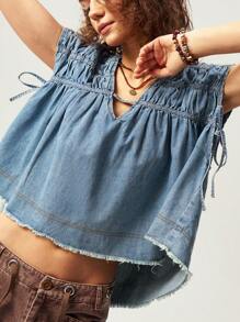 Bohemela BOHO Casual Woven Denim Oversized V-Neck Cap Sleeve Blouse For Women