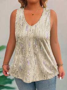 Calvaya Top sin mangas con cuello en V y estampado floral para mujer de talla grande, camisetas gráficas casuales para mujeres - Albaricoque - Ver 4