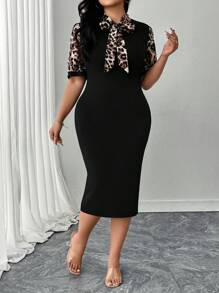 SHEIN Clasi Váy ngắn tay trên đầu gối dệt kim trơn và họa tiết da báo cỡ lớn dành cho nữ - màu đen - Xem 1