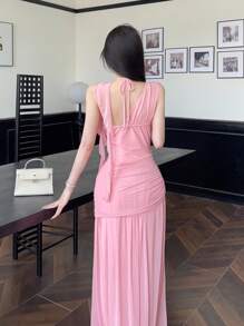 Modelyn Vestido de fiesta elegante para mujer con un hombro, pliegues, adorno de flor 3D y volantes