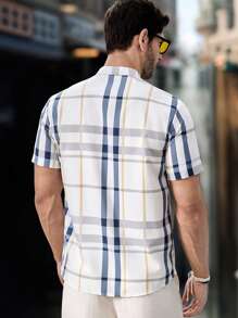 EGENSIO 男士休闲格子短袖衬衫夏季度假拉链衬衫男士男士服装衬衫男士衣服男士衬衫男士衬衫男士服装男士衬衫 - 白色 - 查看 2