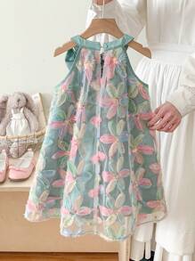 SHEIN Leap Crew Young Girl Solid Color Splice Mesh Floral 3D Round Neck Sleeveless Dress - Multicolor - View 5