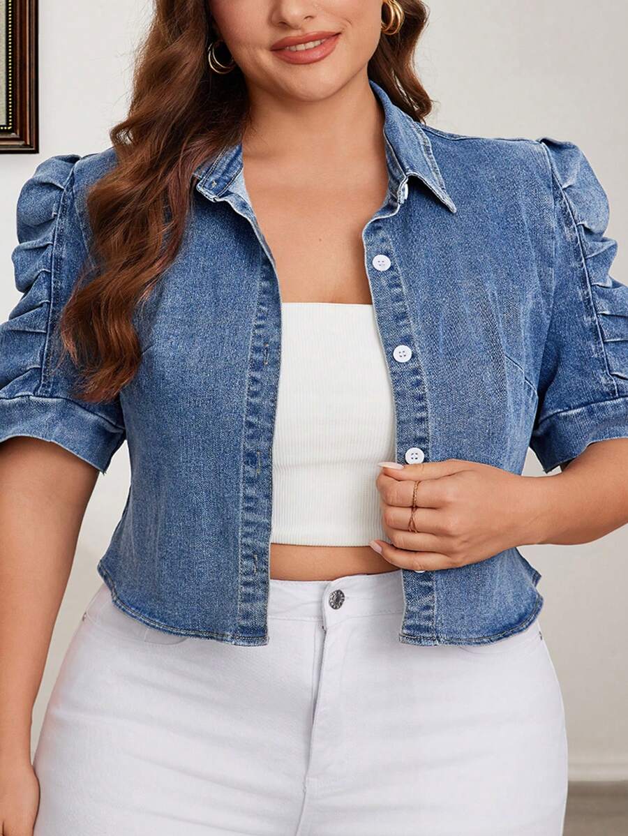 Áo khoác denim đơn hàng ngày tay bồng ngắn cỡ lớn dành cho nữ - Màu xanh lam - Xem 1