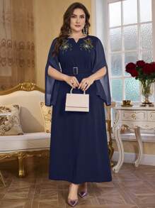 Modelyn Vestito taglie forti con scollo a V, in chiffon e maglia, patchwork, ricamato, a campana, con laccio in vita, elegante e snellente