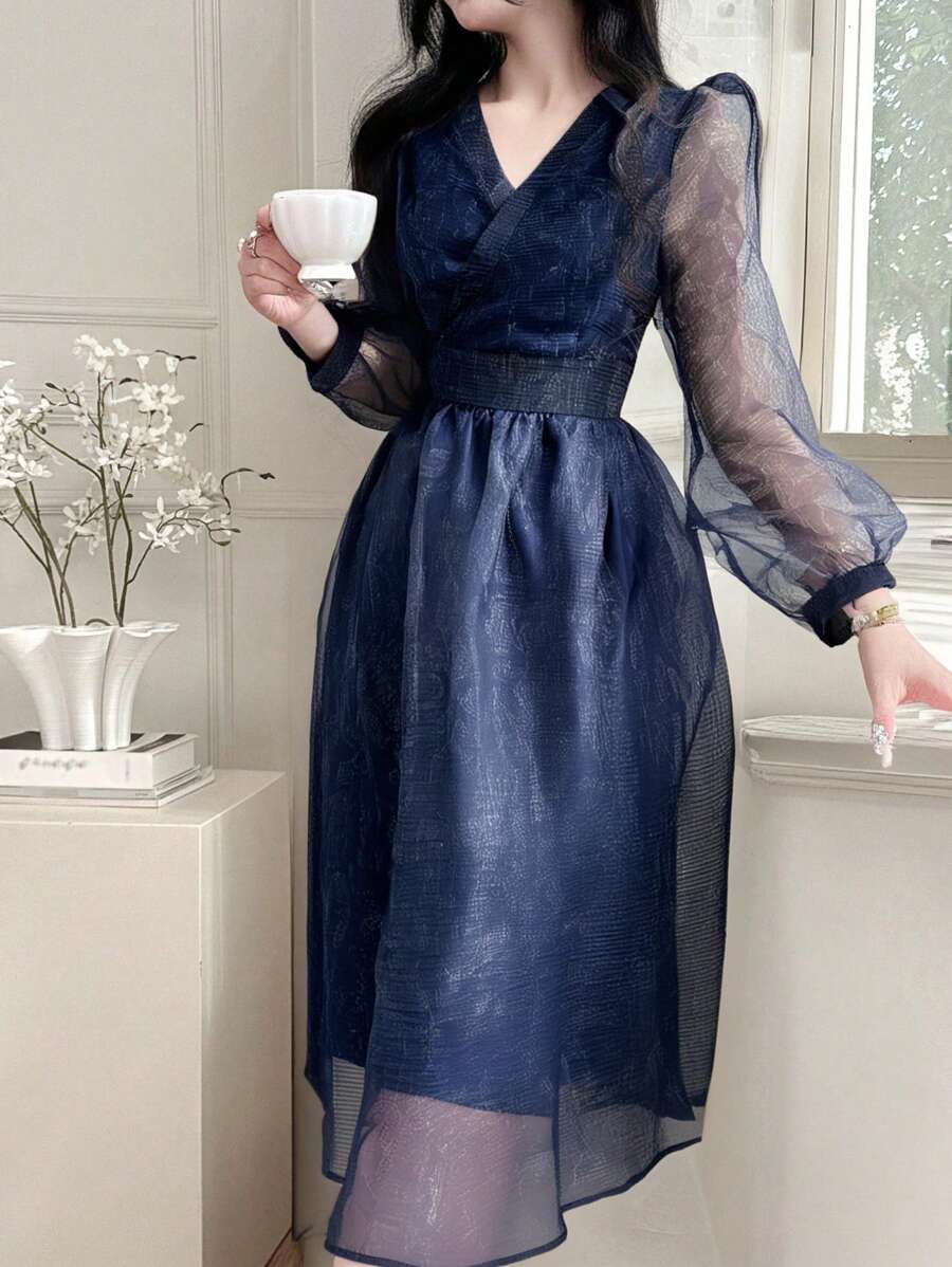DAZY Fall New SpringStyle First Date Outfit Floral Print Bohemian Elegant Resort Beach Dress For Women Long Sleeve Dress Maxi Dress - Navy Blue - View 1