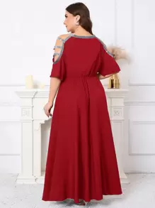 SHEIN Clasi Vestido de talla grande con mangas de mariposa, mangas con destellos, cintura calada y vuelo