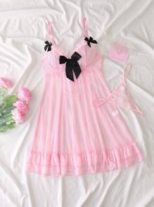 2pcs Romantic, Cute, Sexy Floral Lace Bow, Ruffle Hem, Tie Strap Women Lingerie Set, Includes Nightgown And Panty, Black And Pink - Pink - View 6