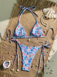 SHEIN 2 Stücke/Set Sommer Urlaubs Zufallsmuster Rippen Textur Dekor Muschelschale Trägertop und Seitenbindung Bikinihose Sexy Bikini Badeanzug Set - Verschiedenfarbig - Übersicht 2