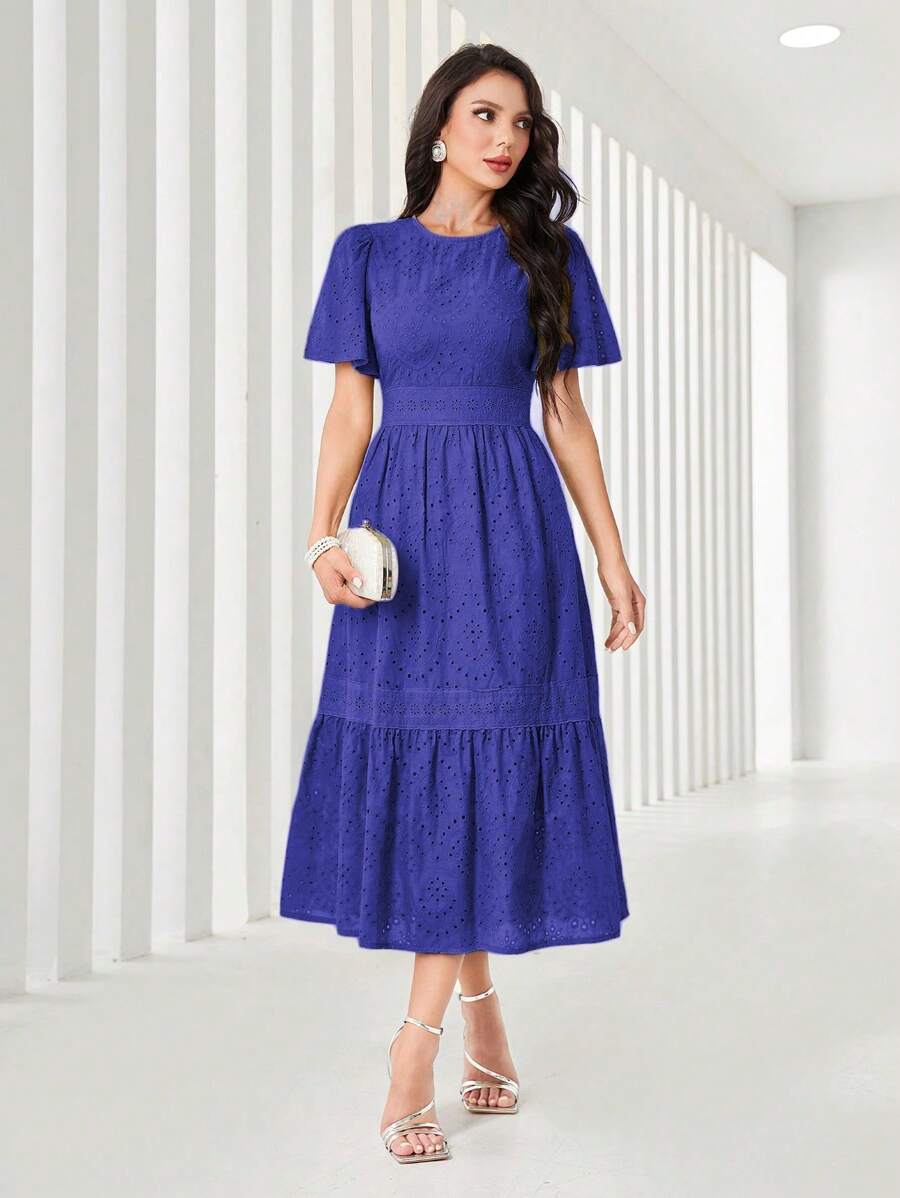 Mulvari Vestido largo de mujer de color lila sólido con bordado calado, elegante para verano - azul real - Ver 1