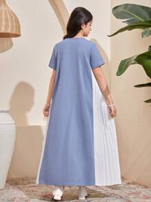 Tween Girls' Knit Solid Seam Patching Pleated Casual Dress, Suitable For Spring/Summer, Casual Outing, Back To School, Smoky Blue - Dusty Blue - View 3