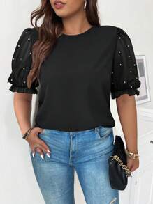 Celure 大码女式优雅浪漫日常聚会休闲圆领泡泡袖珍珠缀饰衬衫