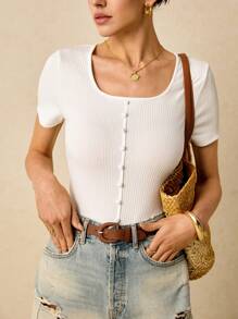 Poéselle 前紐扣條紋針織T恤 - 白色 - 查看 2