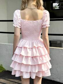 SHEIN Teen Girl Casual Square Neck Puff Sleeve Bow Decor Ruffle Hem Dress - Pink - View 3