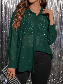 SHEIN Clasi Plus Size Women's Rhinestone Embellished Long Sleeve Loose Button Down Shirt - Dark Green - View 1