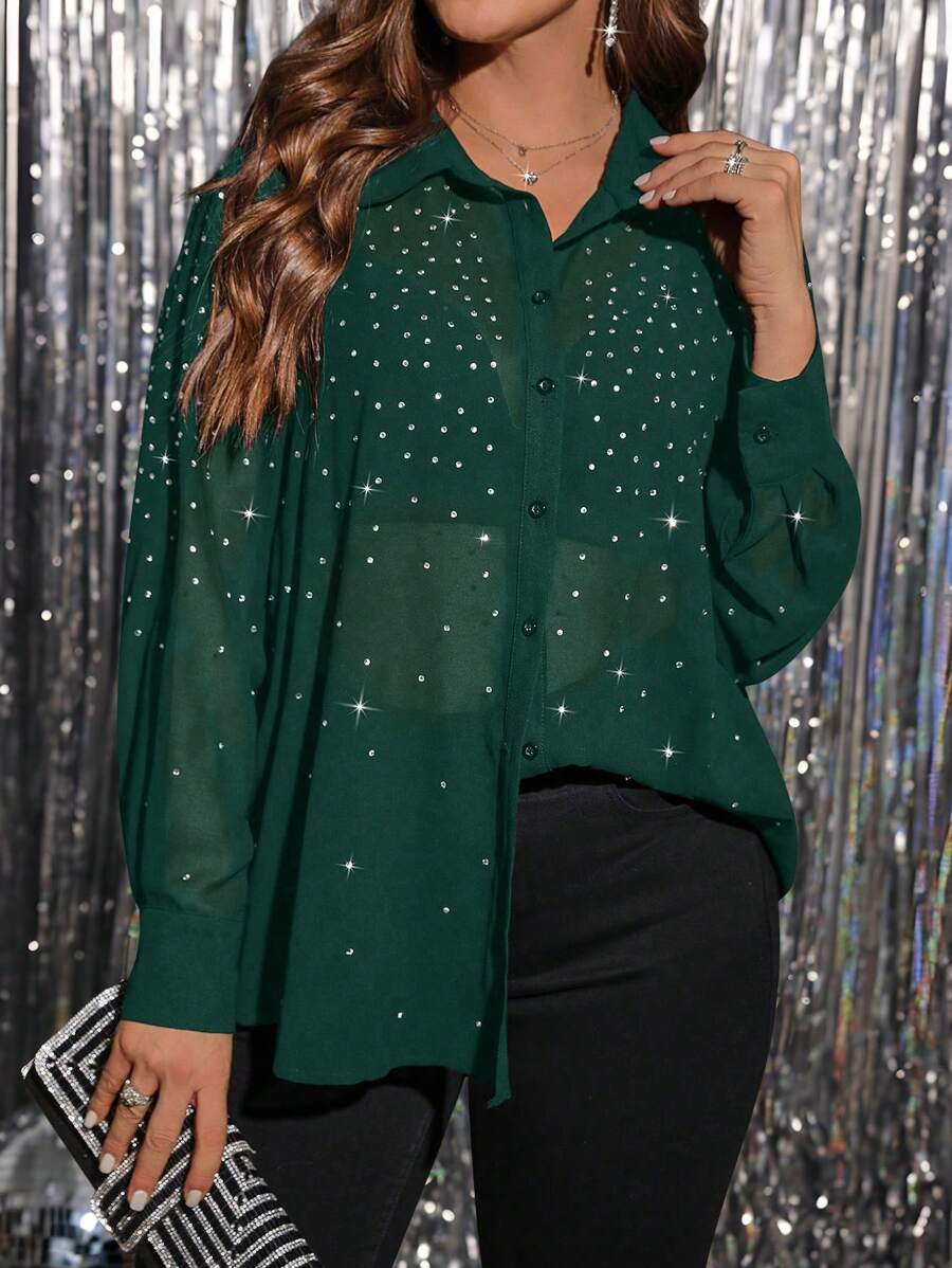 SHEIN Clasi Plus Size Women's Rhinestone Embellished Long Sleeve Loose Button Down Shirt - Dark Green - View 1