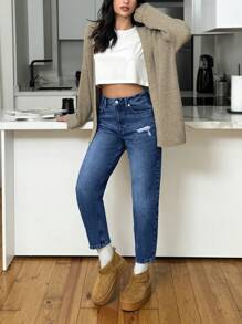 EURMUSE 100% Cotton HIGH RISE MOM CUT RIPPED WOMEN JEAN - Dark Wash - View 5