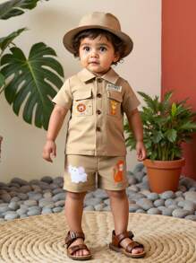 Baby Boy Cute Animal Print Outfit With Cap, Casual Cargo Style Short Sleeve Shirt And Shorts Set, Suitable For Everyday Wear, Outdoor Play, Party, Vacation, Spring/Summer