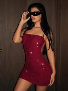 SHEIN ICON 女士春夏派对闪亮时尚性感露背闪亮水钻修身迷你连衣裙 - 酒紅色 - 查看 10