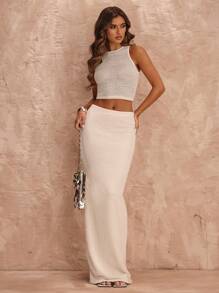 SHEIN BAE 2 件套女士杏色钩针透视背心和低腰长裙套装，度假装，钩针网眼套装，春夏 - 杏色 - 查看 4