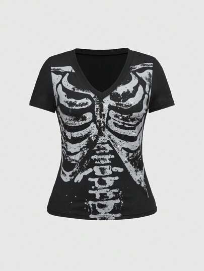 Goth Y2K Vintage Punk Silver Stud Skeleton V-Neck Women T-Shirt,Summer,Summerouis ,Summer Cothes,Streetwear Women's Concert Costumes, Rave Costumes, Carnival Costumes, Country Concert Costumes