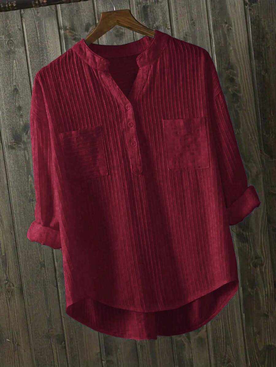 EMERY ROSE 女士纯色长袖衬衫，简约时尚，适合夏季 - 玫瑰紅 - 查看 1