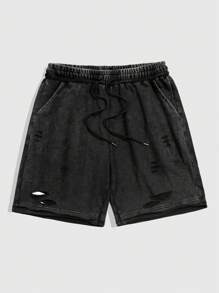 ROMWE MEN Street Life Men Grunge Basic Washed Distressed Casual Shorts - Black - View 1