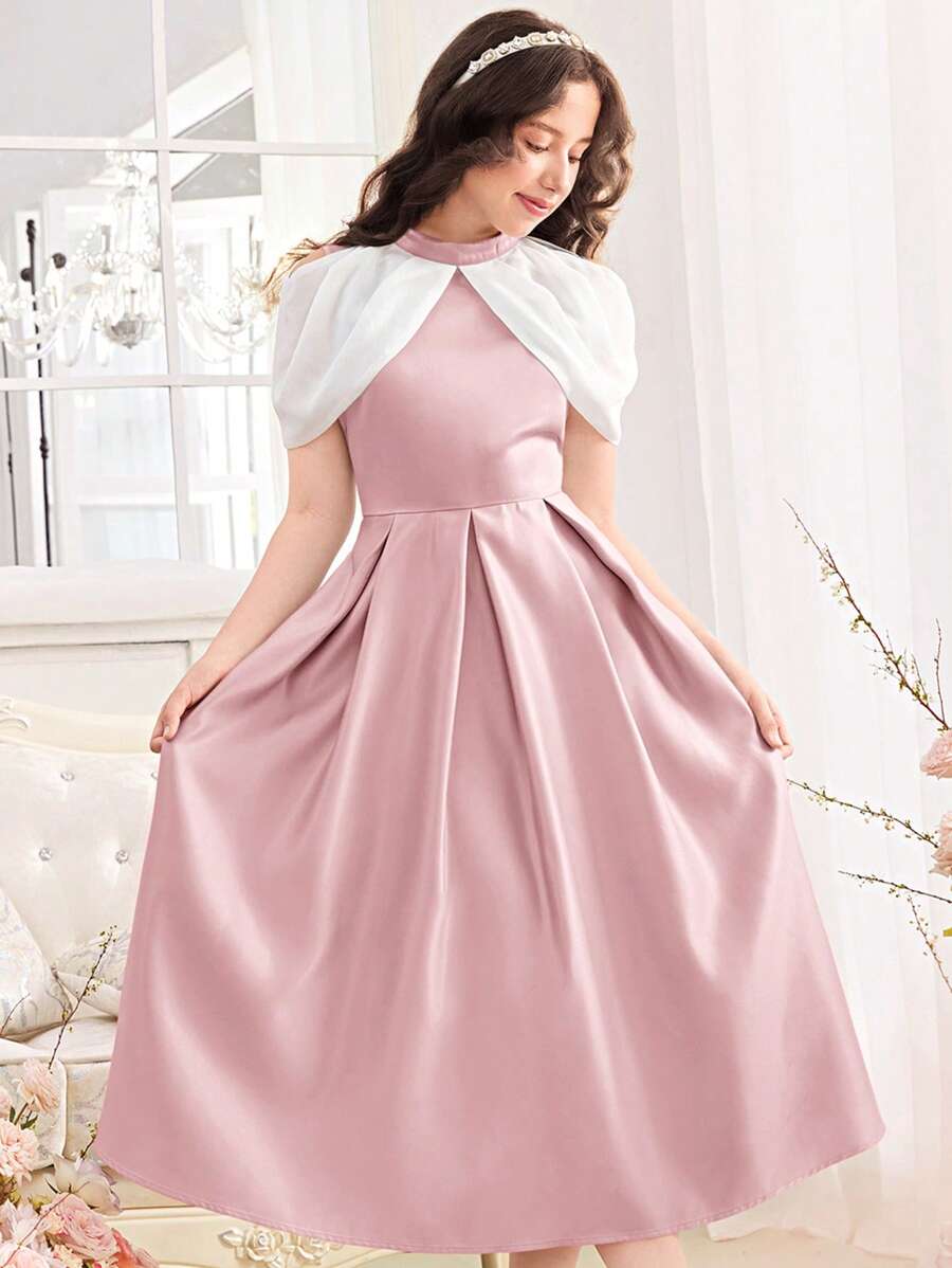 SHEIN Vestido casual de A-Line para adolescentes com cintura ajustada, mangas flutter e gola de cetim com blocos de cores. - Rosa Bebê - Visão 1