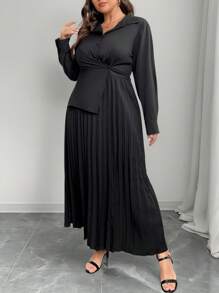 Celure Plus Size Zwarte Gerimpelde Taille Uitlopende Zoom Shirtjurk